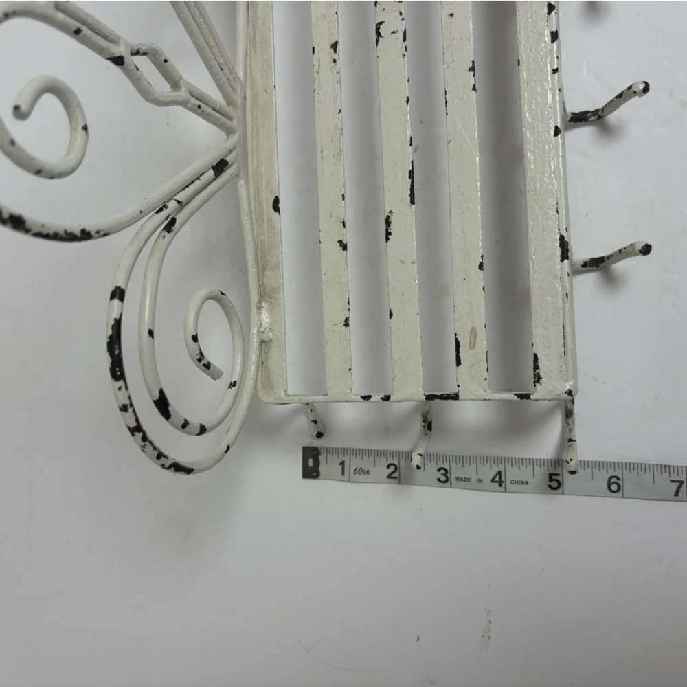 Vintage White Metal Wall Shelf With Cup Hooks